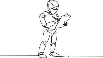 Single one line drawing robot standing and writing on clipboard.one line vector illustration with out background