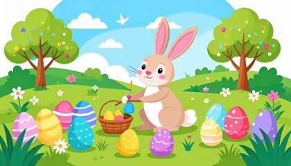 Cute Easter Bunny Decorating Colorful Eggs in a Spring Landscape