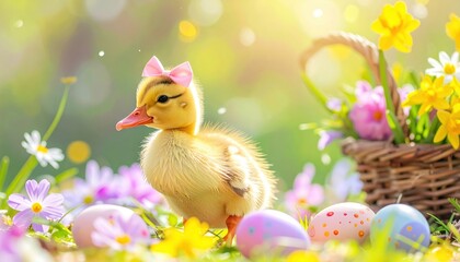 Adorable Duckling Surrounded by Colorful Easter Eggs and Flowers