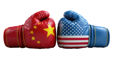 Two boxing gloves, one red with a yellow star and one blue with white stars and stripes