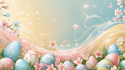 Painted Easter Eggs with Flowers and Feathers on a Pastel Background