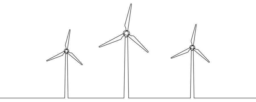 Three wind turbines symbolizing a wind farm or renewable energy. Drawing in one line art style with editable black stroke. Vector illustration.
