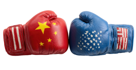 Two boxing gloves representing China and America facing each other