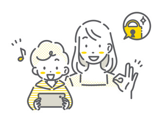 スマホを使う子どもを安心して見守るお母さん　シンプルでお洒落な線画イラスト