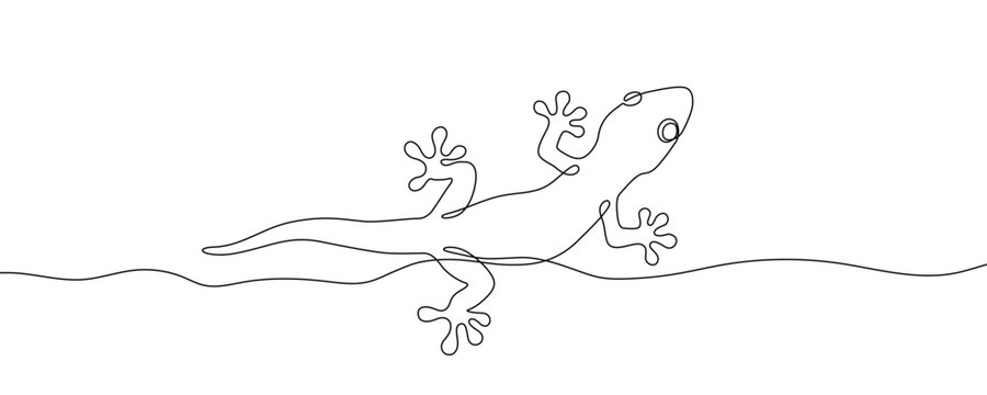 A stylized lizard or gecko crawling with spread legs. Drawing in one line art style with editable black stroke. Vector illustration.