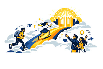 Rainbow bridge to city of light. A rainbow forming a bridge over clouds, leading directly into radiant golden