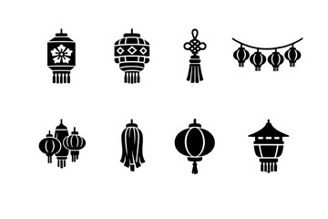 Naklejka premium Festival lantern decorations. Filled icon set of Festival lantern decorations: floral lantern, patterned