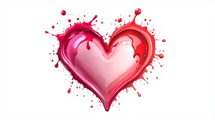 Glossy liquid heart with red and pink paint splashes. Abstract 3D illustration of love isolated on a white background.