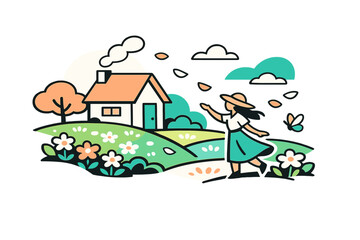 Fototapeta premium Spring pastel countryside. A small house among flowering meadows, petals drifting softly on