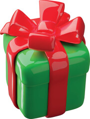 Green gift box with a red bow, top view, plastic glossy effect. 3D