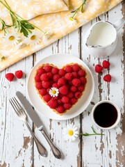 A charming breakfast scene featuring a heart-shaped raspberry tart, a pitcher of milk, a cup of coffee, and fresh daisies on a distressed white wooden table. Bright, summery, and inviting.