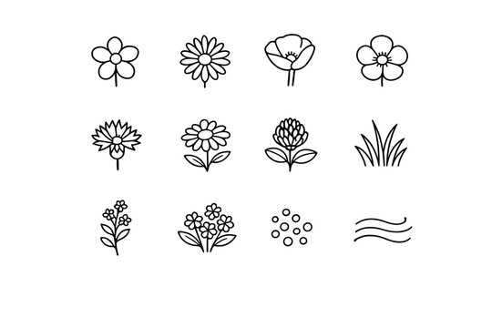 Meadow full of wildflowers. Line outline icon set of Meadow full of wildflowers: wildflower