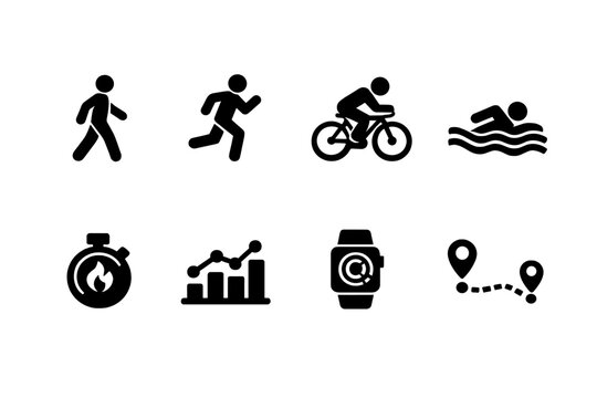 Activity monitoring. Filled icon set of Activity monitoring: walking icon, running icon,