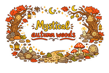 Obraz premium Mystical Autumn Forest. Mystical autumn woods. Hand-drawn doodle illustration of Mystical autumn woods.