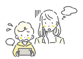 スマホを使う子どもを心配するお母さん　シンプルでお洒落な線画イラスト