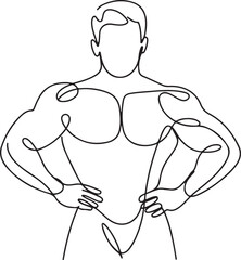 One continuous line drawing young strong model man bodybuilder posed.one line vector illustration with out background