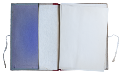 open blue file folder holding blank pages with thread rope binding