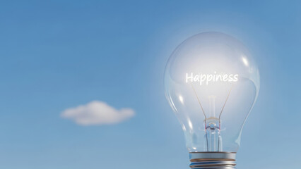 Glowing Light Bulb with Happiness Text against Clear Blue Sky