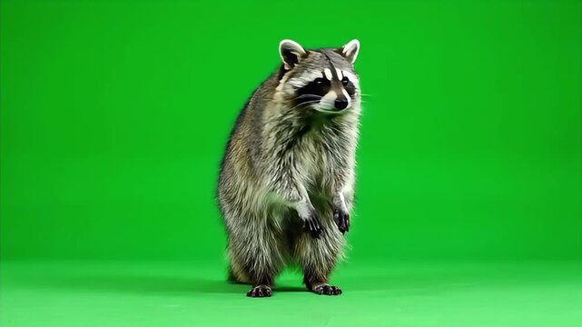 A curious raccoon stands on its hind legs on a green screen background.