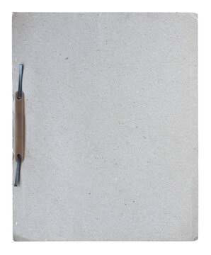 Vintage cardboard document folder with metal fastener and blank gray paper cover isolated on white background