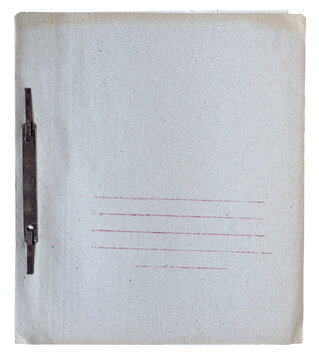 Vintage gray cardboard file folder with metal fastener and faint red printed lines on aged paper cover isolated