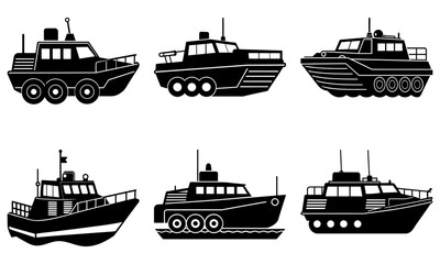 Six black and white boat silhouettes on a transparent background