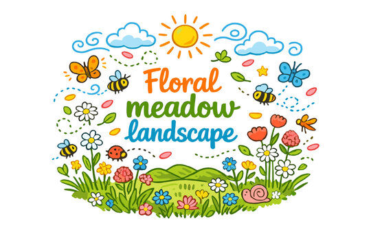 Floral meadow landscape. Hand-drawn doodle illustration of Floral meadow landscape. mixed wildflowers, grass