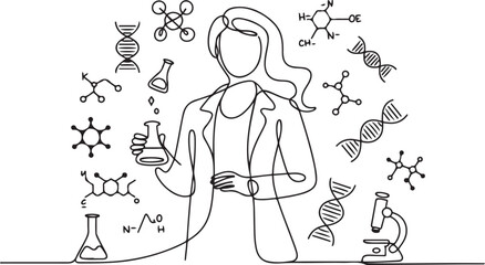 Obraz premium Single one line drawing female scientist surrounded by scientific symbols. Symbolizing knowledge.one line vector illustration with out background