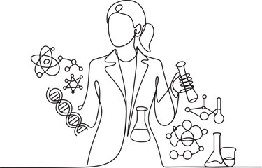 Obraz premium Single one line drawing female scientist surrounded by scientific symbols. Symbolizing knowledge.one line vector illustration with out background