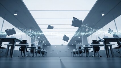 Abstract office with floating folders and particle stream