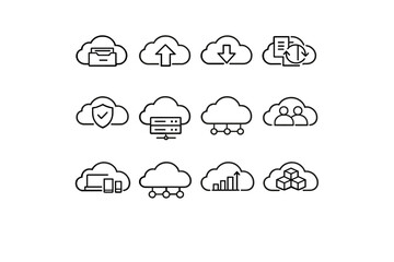 Cloud-based work. Line outline icon set of Cloud-based work: cloud storage, upload arrow, download arrow,