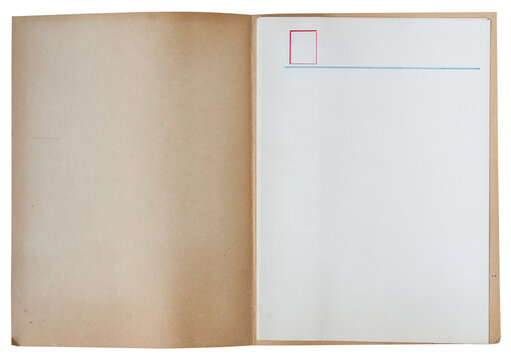 open file folder with antique beige paper cover and printed letterhead pages inside isolated on white