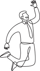 Obraz premium Single one line drawing happy Arab businessman jump with folds one leg and raises one hand.one line vector illustration with out background