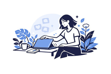 Serene Workspace Renewal. Work burnout prevention concept. Laptop closing gently as plants grow around the