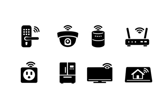 Smart home IoT. Filled icon set of Smart home IoT: smart door lock, connected camera, smart speaker, wifi