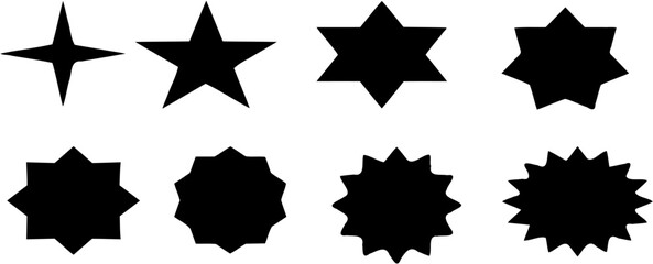 Set of abstract starburst and star shapes in various geometric forms. Minimal flat vector design suitable for labels, badges, stickers, pricing tags, promotional elements, and graphic design templates
