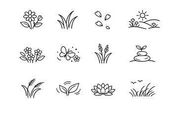 Meadow Icon Set. Peaceful meadow nature. Line outline icon set of Peaceful meadow nature: calm flowers, gentle