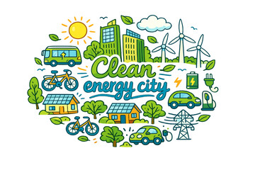 Clean energy city. Hand-drawn doodle illustration of Clean energy city. green skyscrapers, solar rooftops,