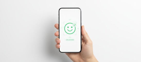 Hand holding a mobile phone displaying a facial recognition scan with a happy face icon and a checkmark, indicating a successful biometric identification and device unlock