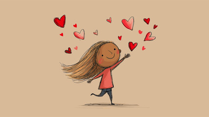 Smiling cartoon boy and girl with red hearts floating above them, depicting true love. Happy cartoon couple showing love and affection