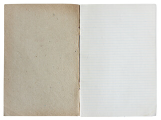 Open vintage school handwriting notebook with lined pages and cardboard beige cover isolated on...
