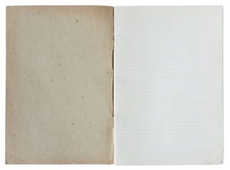 Open vintage school handwriting notebook with lined pages and cardboard beige cover isolated on white