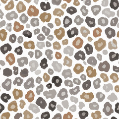 Abstract animal print background with watercolor style gray and brown spots on white. Neutral muted leopard spots seamless pattern design