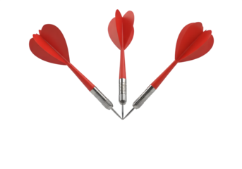Three red darts with silver tips isolated on a transparent background
