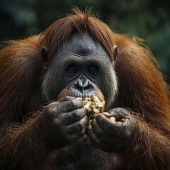 Focused Orangutan Feeding with Handful of Fruit, Dark Gray Face and Orange-Brown Fur, Capturing Wild Concentration and Natural Serenity