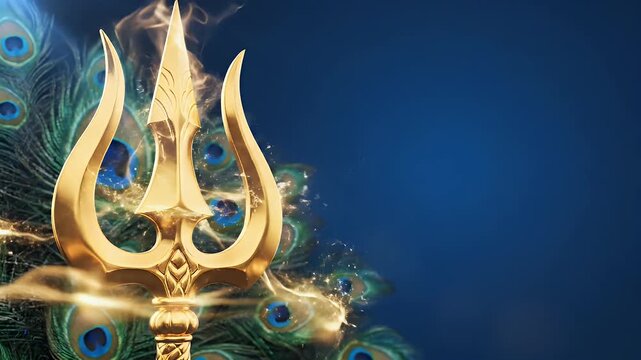Divine Golden Vel Spear of Lord Murugan on Peacock Blue Background