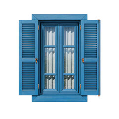 A vibrant blue window with open shutters, revealing sheer curtains and a black background