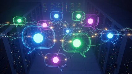 Data center view with glowing interconnected speech bubbles floating in space