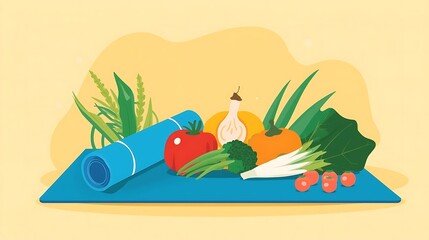Flat lay illustration of vegan diet ingredients and exercise gear for healthy living.