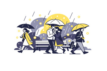 Spring rain with glowing lights. Umbrellas moving through a city park, tiny light orbs glowing like fireflies